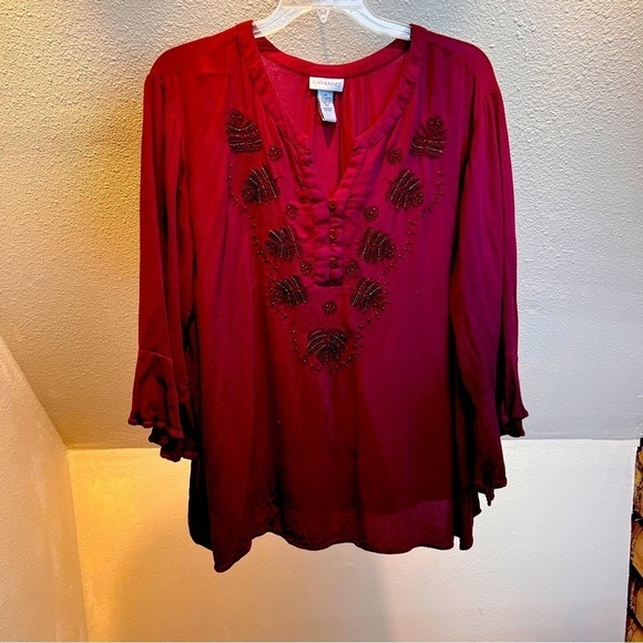 Catherines Tops - CATHERINE’s Beaded Crepe-Like Pullover Top w/Beautiful Beading!  Flutter Cuffs